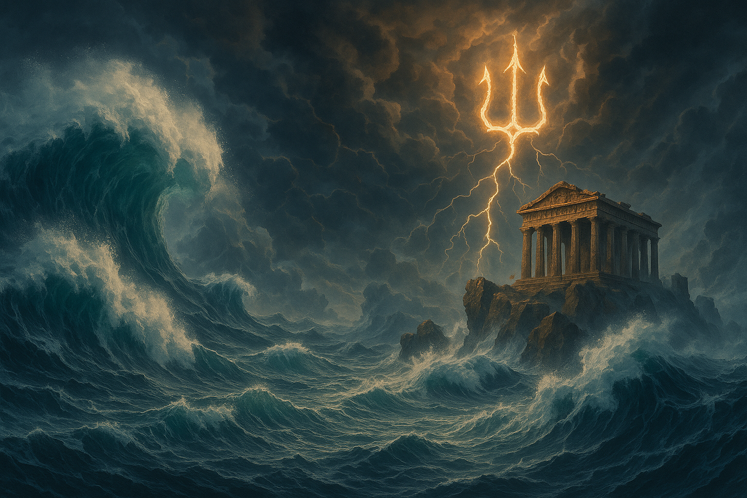 Stormy sea with Greek ruins representing Percy Jackson Season 2 opening